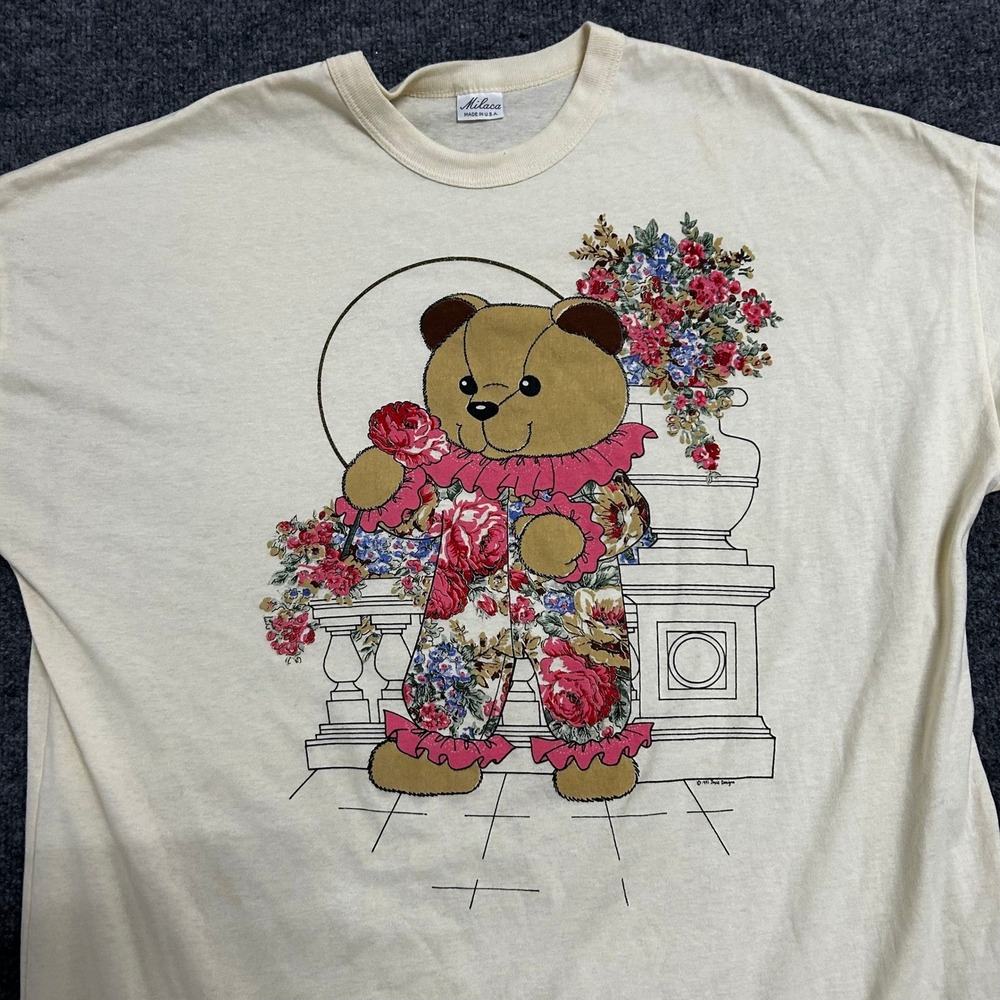 Milaca Nightshirt Womens Size L Cream Vintage Teddy Bear Floral USA Sleep Tee
